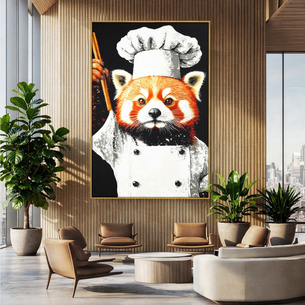 Tablou canvas cu tablou canvas cu panda rosu bucatar, in rama de aluminiu auriu, pe perete intr-un birou